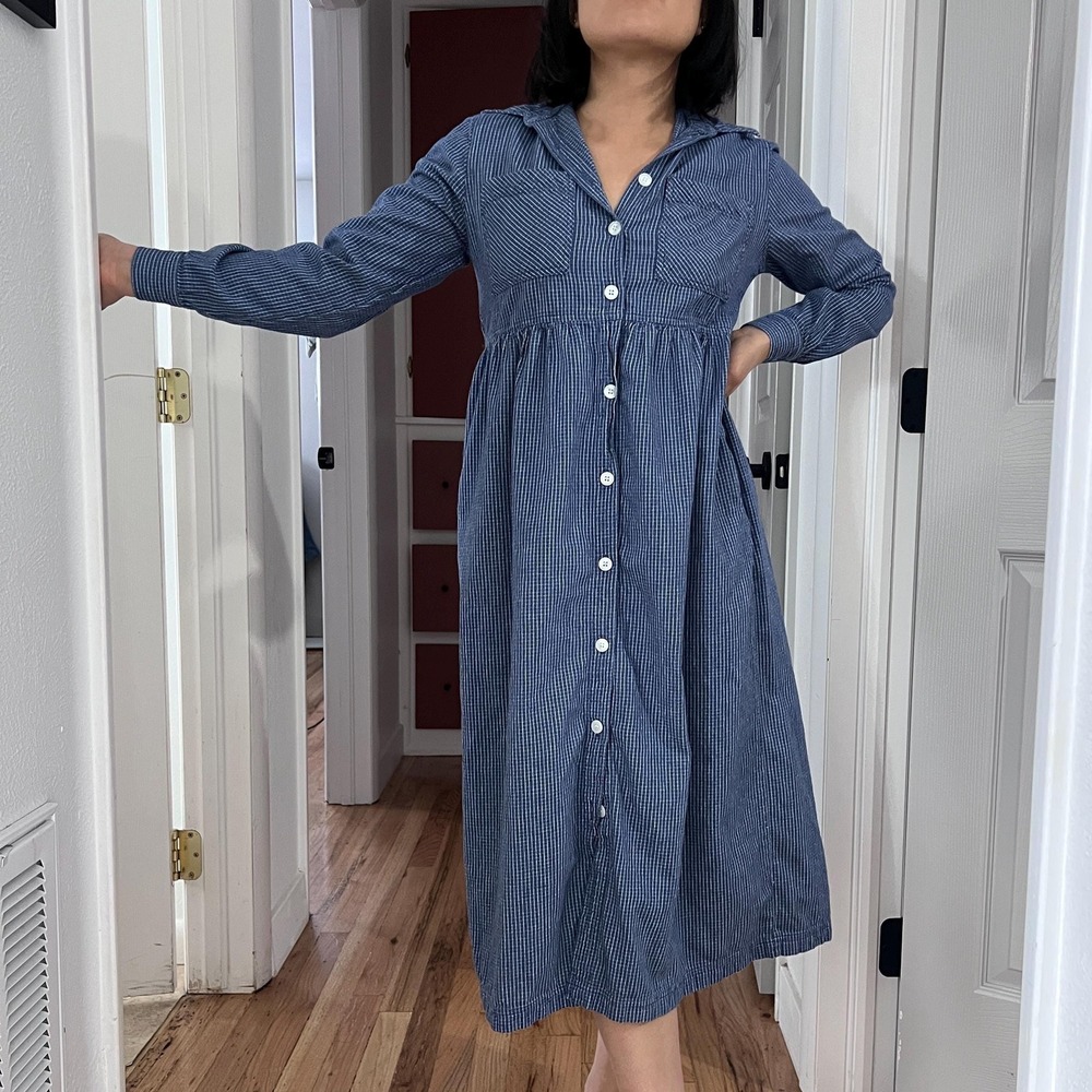 vtg 90s flannel long sleeve button down dress size‎ 4 blue check pattern